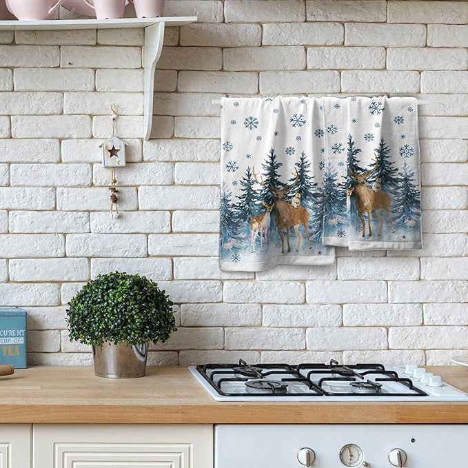 Imiss Blue Forest Deer Hand Towels Set of 2，Snowflake Reindeer Fingertip Towels Pine Tree Decorative Bathroom Towel 14.4 x 28.3 Inch for Winter Xmas Holiday Decor