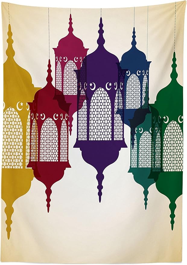 Ambesonne Oriental Tablecloth, Antique Style Colorful Motives Hanging on Sky Traditional Design, Rectangular Table Cover for Dining Room Kitchen Decor, 60" X 90", Yellow Green Purple and Red