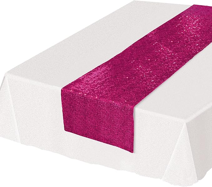 Beistle Sequined Fabric Table Runner for Birthday Decorations, Bridal Shower Party Supplies and Tableware, 11.25" x 75", Cerise