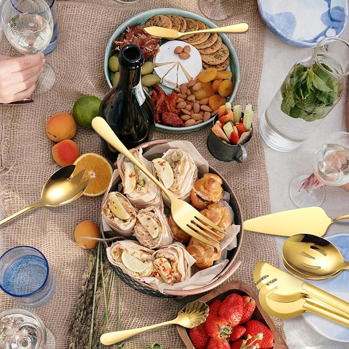 A· HOUSEWARE Gold Kitchen Utensils Serving Set 10 Piece Catering Silverware Stainless Steel Flatware for Buffet Party include Tong Serving Spatula Skimmer Ladles Big Fork Cheese Knife Dessert Spoon