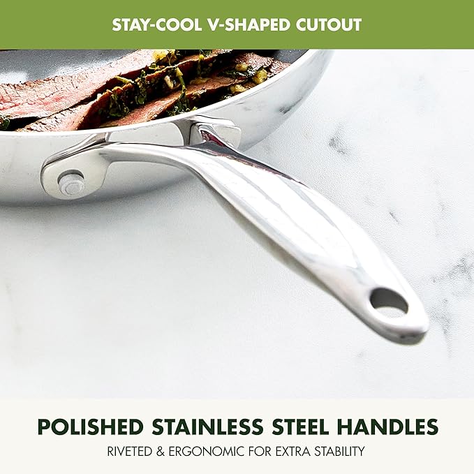 GreenPan Valencia Pro Stainless Steel 10 Piece Cookware Pots and Pans Set, Induction Suitable Mirrored Tri-Ply, Ceramic Nonstick PFAS-Free Coating, Multi Clad, Dishwasher Oven & Broiler Safe