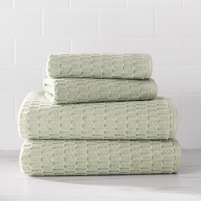 DKNY Metro Tile Quick Dry 100% Cotton Towel Set for Bathroom – 2 Bath, 2 Hand, Zero Twist, Absorbent, Supremely Soft, 550 GSM, 4 Piece, Green Tea