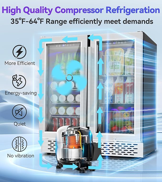 Dual Zone Beverage Refrigerator, 30'' Beverage Fridge with Detachable Basket, Intelligent Control Beverage Cooler with Glass Door Built-in or Freestanding with Blue LED Light, Hold 130 Can 60 Bottle