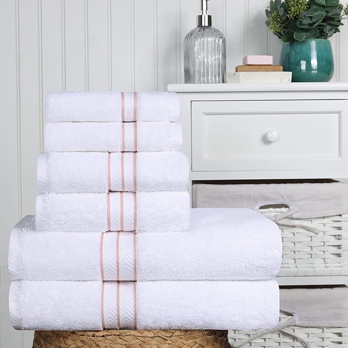 Superior Turkish Cotton Ultra-Plush 6-Piece Towel Set, Ideal for Master Bath, Guest Bathroom, Fast Drying, Shower, Spa, Face/Washcloths, Hand, Bath Towels, Absorbent, Home Basics, Tea Rose