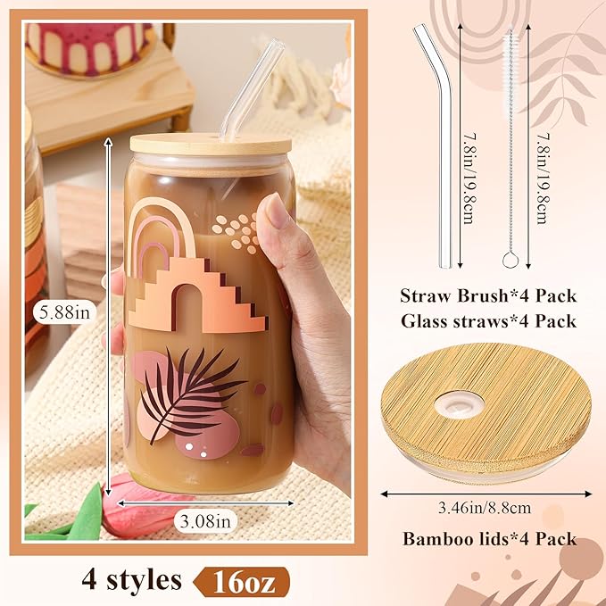Mumufy 4 Pack Bohemian Neutral Aesthetic 16 oz Glass Cup Tumbler with Bamboo Lid & Straw, Boho Rainbow Abstract Design Iced Coffee Mugs, Gift for Women Mom Sister Mothers Day Birthday