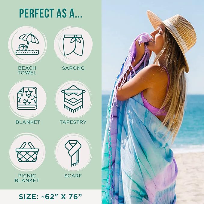 Sand Cloud Extra Large Turkish Beach Towel - Sand Free - 100% Organic Turkish Cotton Yarn - Quick Dry Towel for Beach, Picnic Blanket or Throw - As Seen on Shark Tank - Tie Dye (Luna)