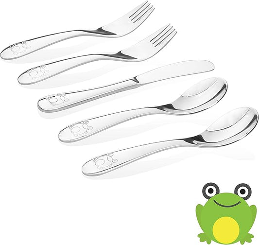 Kids Stainless Steel Utensil Set | Premium #304 (18/8) | Adorable Frog Design | 5-piece Set: 2 Spoons, 2 Forks, & 1 Butter Knife | Safe & Durable for Toddlers and Children | by Kiddobloom