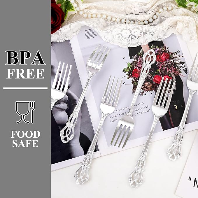 75PCS Silver Plastic Forks - 8.1inch Silver Forks Disposable - Vintage Heavy Duty Dessert Forks - Premium Fancy Plastic Silverware for Parties, Weddings, Dinners and Events