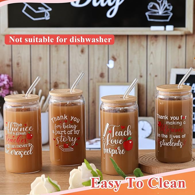 4 Pcs 16 oz Christmas Teacher Gifts for Women Teacher Appreciation Gifts Thank You Coffee Cup Tumbler Drinking Glass Beer Cups with Bamboo Lids Glass Straw Cleaning Brush for Employee Staff(Grateful)
