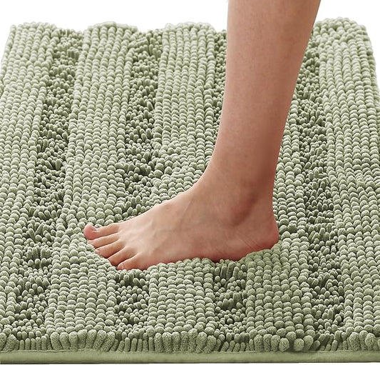 H.VERSAILTEX Bath Mats for Bathroom Non Slip Thick Chenille Striped Bath Rug Absorbent Fluffy Soft Shaggy Rugs Washable Dry Fast Plush Mats for Indoor, Bath Room, Tub - 17" x 24", Eucalyptus Green