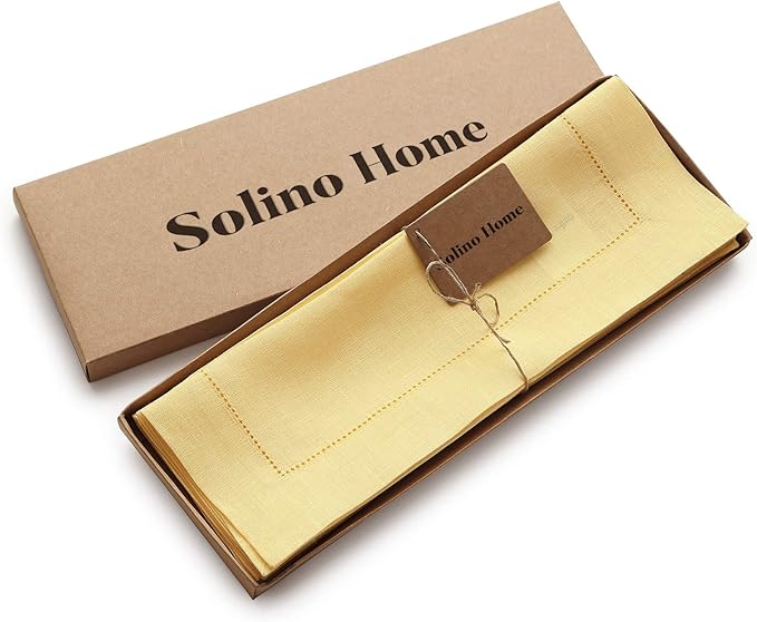 Solino Home Linen Placemats Set of 4 - Classic Hemstitch Yellow Placemats 14 x 19 Inch - 100% Pure Linen Table Mats