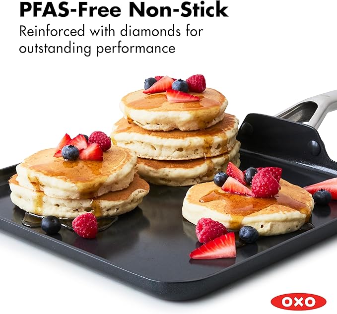 OXO 11” Non-Stick Every Day Square Griddle, BPA-Free Comfort Grip Silicone Handle, Dishwasher & Oven Safe, PFAS-Free Ceramic Skillet, Pancake Pan, Black