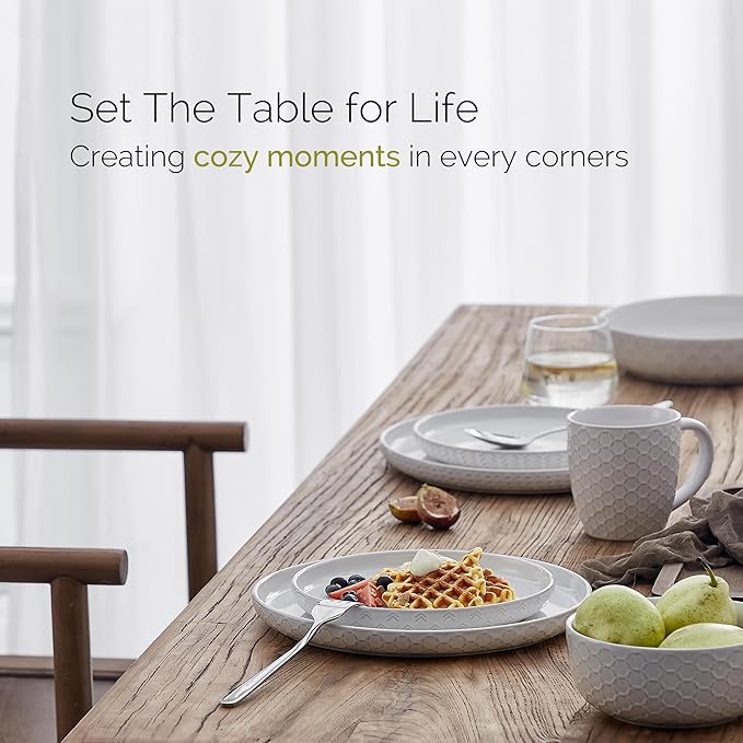 Stoneware Dinnerware Sets Service for 4, 12 pcs Reactive Glaze Plates and Bowls Sets, Embossed Boho Ceramic Dish Set, Highly Chip and Crack Resistant Farmhouse Plate Set, Ivory White