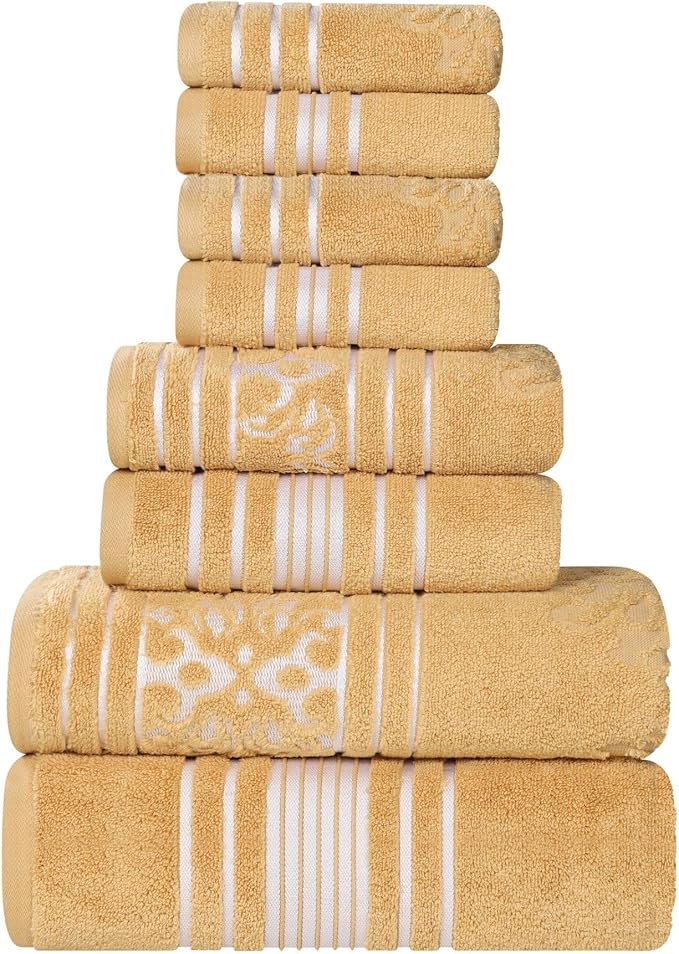 Superior Cotton 8 Piece Assorted Floral Towel Set, Includes 2 Bath, 2 Hand, 4 Washcloth/Face Towels, Quick Dry, Home Essentials, Shower, Spa, Luxury Plush Soft Absorbent Towels, Zero Twist, Gold