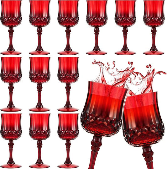 Pinkunn 12 Pcs 7 oz Plastic Vintage Wine Glasses Reusable Colored Goblets Patterned Drinking Water Glasses Cup Dishwasher Safe for Christmas Wedding Reception Party Supplies (Red)