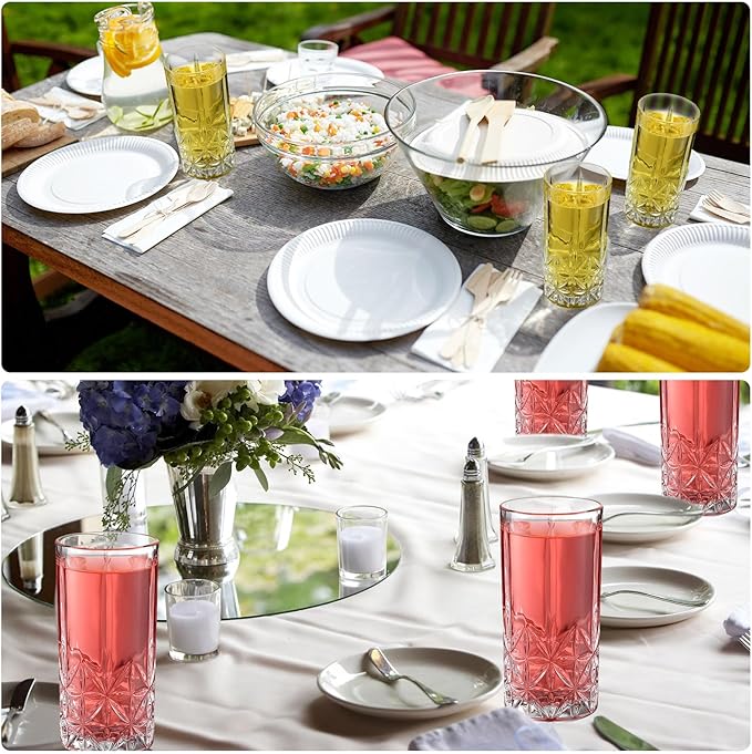 Uiifan Set of 12 Tall Highball Glasses 12 oz Crystal Drinking Glasses Clear Fancy Cups Vintage Textured Designer Glassware for Cocktail Tea Water Beer Soda Beverages, Dishwasher Safe(Stylish Style)