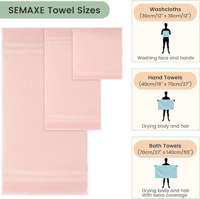 SEMAXE Solid 18-Piece Towel Set, Light Pink, 600GSM 100% Cotton, 6 Each of Bath Towel, Hand Towel, and Washcloths, Gift Box Packaging, Hanging Loop Design