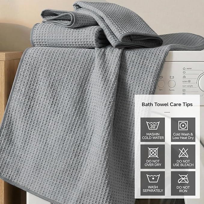 REDKISS 8 Pack Microfiber Waffle Bath Towels - Gray Waffle Towels for Bathroom, Extra Large, Highly Absorbent, Quick Dry Bath Towel Set, Lint Free Bathroom Towel for Gym, Shower, Hotel and Spa