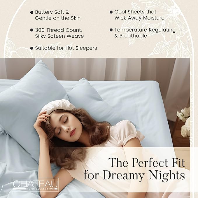 100% Organic Cotton Sheets King Size, 4 Piece Breathable Bed Sheet Set, 15" Deep Pocket King Sheets Cotton, Solid Sateen Weave Luxury Hotel Collection, No Pill & Shrink- Light Blue