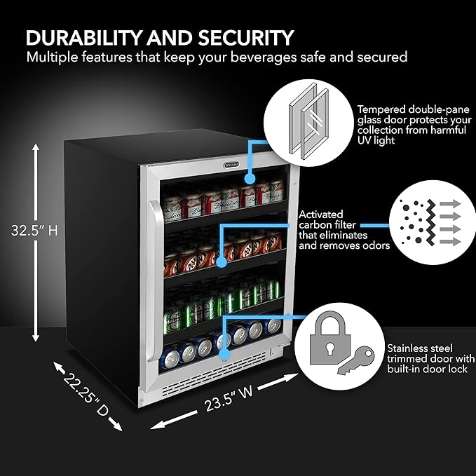 Whynter 180 BBR-148SB Built-in 182 Can Undercounter Beverage Refrigerator with Reversible Door, Digital Control and Lock, 5.1 Cubic Feet, Stainless Steel