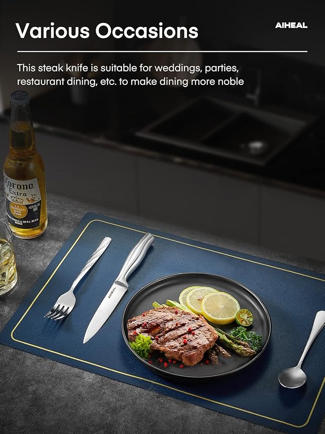 Aiheal Steak Knives, Stainless Steel Steak Knives Set of 12, Never Needs Sharpening Dinner Steak Knife Set, Sharp Micro Serrated Knives