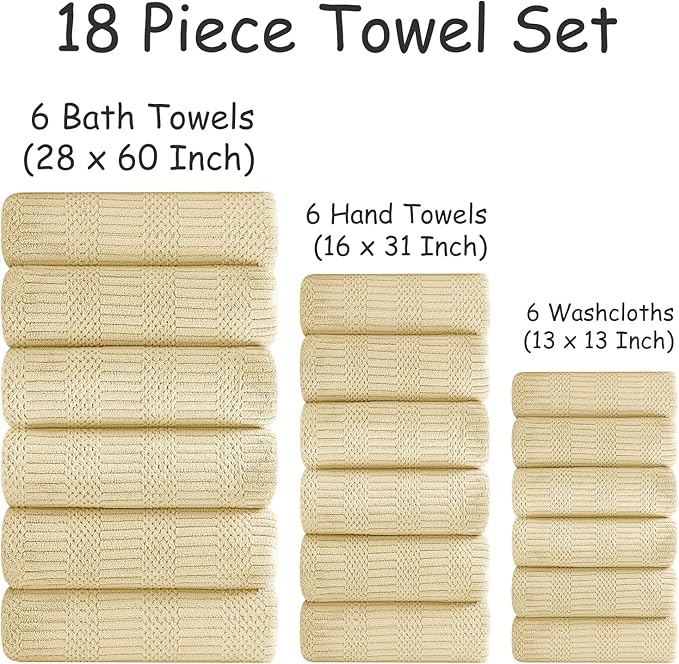 18 Pcs Yellow Woven Family Towels Set-6 Bath Sheets,6 Hand Towels,6 Washcloths Soft Polyester Towels Absorbent Shower Towel Quick Dry Beach Chair Towel Lint Less Towels Set for Bathroom Spa Gym Hotel