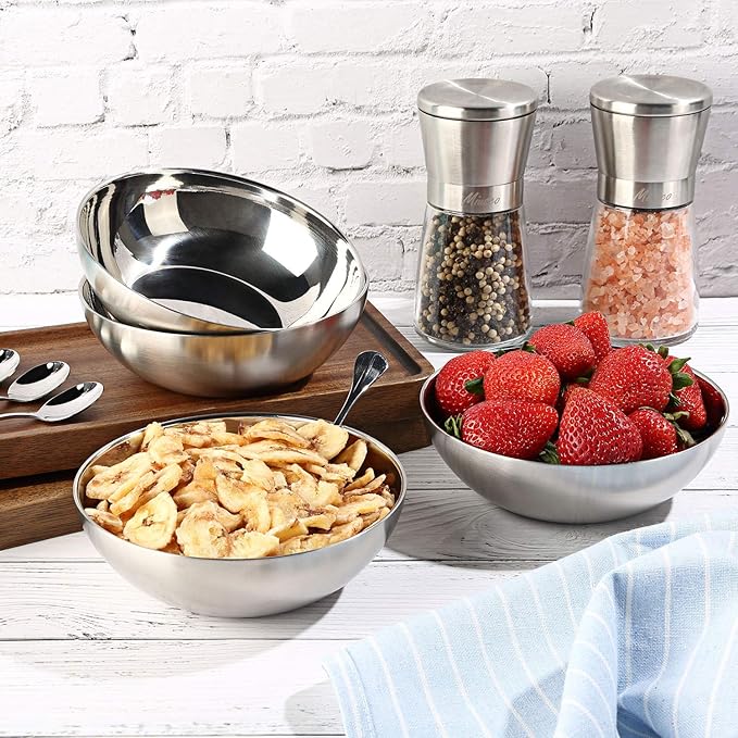 Stainless Steel Bowls for Kids, 18/8 Stainless Steel Toddler Bowl, BPA-Free, Durable & Easy Clean, 4 Pack - 14.5 oz Perfect for Baby Meals, Snacks, Serving and Travel & Home Use，Silver