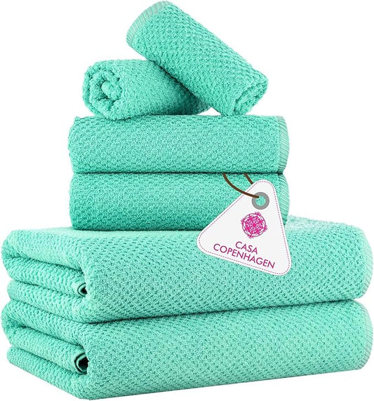 CASA COPENHAGEN Popcorn 6 Pieces Towel Set- Aqua Blue, 600 GSM 2 Bath Towel 2 Hand Towel 2 Washcloth, Designed in Denmark Made of Soft Egyptian Cotton for Bathroom, Kitchen & Shower