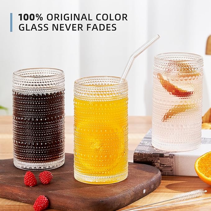 16oz Hobnail Drinking Glasses Set of 6, Vintage Large Capacity Embossed Clear Tumblers, Highball Glasses for Water, Cocktail, Beer, Whiskey, Juice & Bar Use