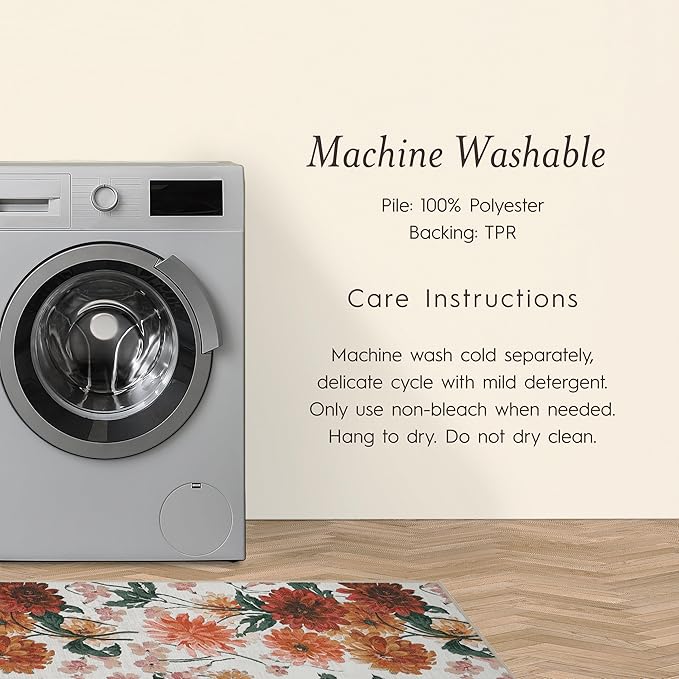 Laura Ashley Beige Dahlias Floral Machine Washable & Slip Resistant 26" x 72" Runner Rug