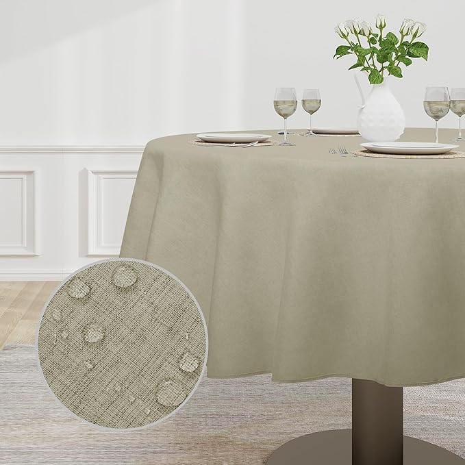 Easy-Going Faux Linen Waterproof Spill-Proof Tablecloth Stain Resistant Round Table Cloth Wrinkle Free Decorative Fabric for Kitchen, Dining, Party, Weddings, Restaurants (60 in-Round, Linen)