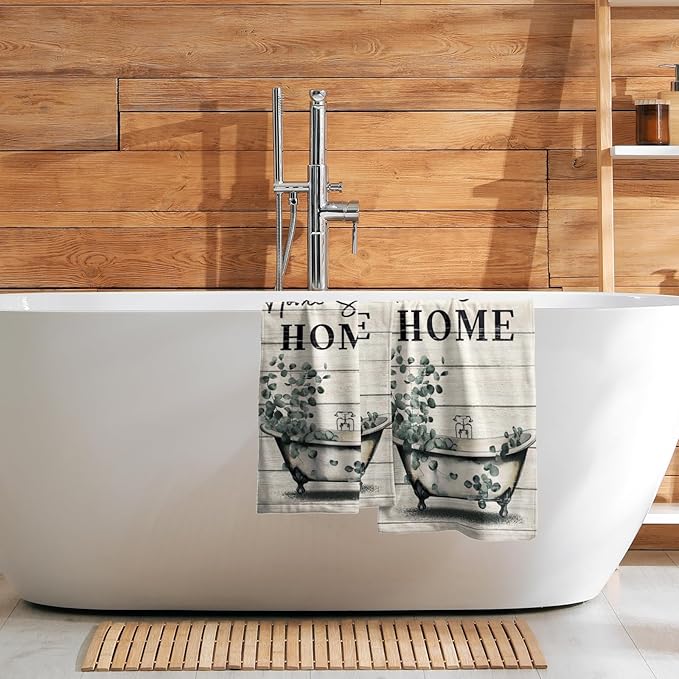 Imiss Home Sweet Home Hand Towels Set of 2 - Green Leaves Bathroom Towel 14.4 x 28.3 Inch Vintage Style Bathtub Kitchen Dishcloth Farmhouse Fingertip Towel for Gym Yoga Spa Bathroom