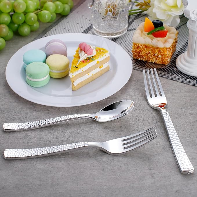 KIRE 400PCS Silver Plastic Forks and Spoons Disposable-Heavy Duty Plastic Silverware Set Silver Spoons and Forks-200 Forks and Spoon for Parties/Birthday/Wedding for Christmas