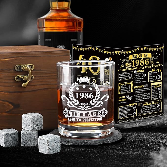 YeohJoy 40th Birthday Gifts for Men,Vintage 1986 Whiskey Glass Set,Wood Box & Whiskey Stones & 1986 Poster Anniversary Card & Coaster,Birthday Gifts Ideas for Him,Husband,Dad