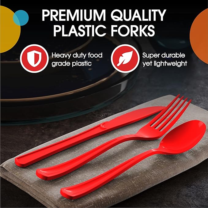 Party Solids Red Plastic Forks 200 Pieces Red Forks Disposable Utensils Heavy Duty Plastic Cutlery Set Disposable Cutlery Sets Flatware Sets Silverware Set Party Supplies & Party Tableware