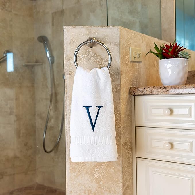 Monogrammed Hand Towels for Bathroom - Luxury Hotel Quality Personalized Initial Decorative Embroidered Bath Towel for Powder Room, Spa - GOTS Organic Certified - Set of 2 Navy Letter V