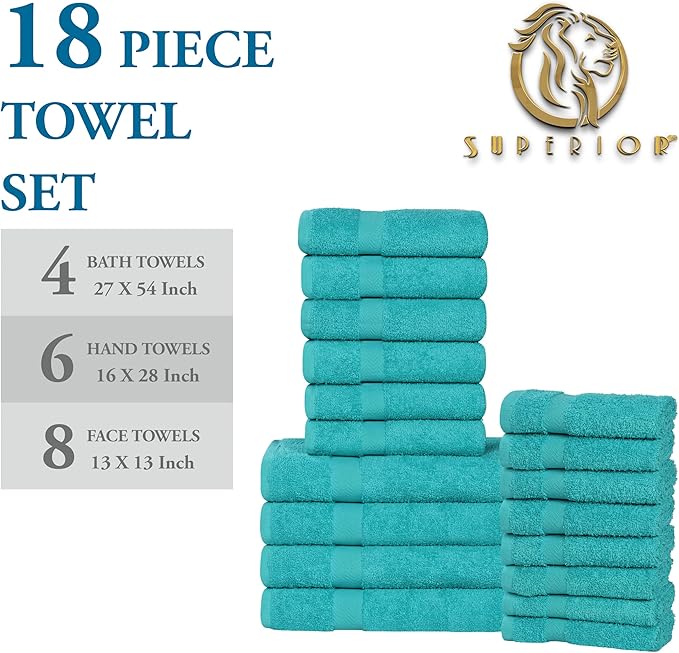 Superior 18-Piece Cotton Assorted Towel Set, Includes 8 Face/Washcloths, 6 Hand, and 4 Bath Towels, Lightweight Essentials, for Home, Beach, Bathroom, Quick Drying, Franklin Collection, Turquoise