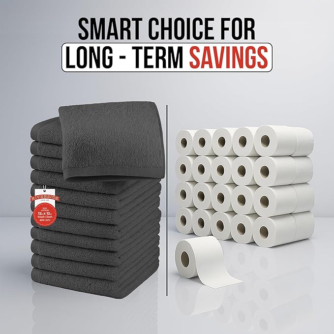 RIVERSIDE 12 Pack Washcloths - 12x12 Inches, 400 GSM, 100% Ring-Spun Cotton - Soft, Absorbent & Durable Face and Body Towels - for Bathroom, Spa, Gym, Makeup Removal & Everyday Use - Grey