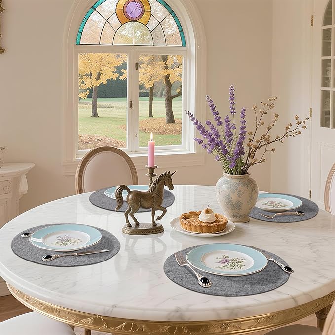 homing 15 Inch Round Cloth Placemats Set of 6, Cotton Linen Blend Washable Table Mats, Farmhouse Dining Place Mats for Indoors & Outdoors, Easy to Clean, Dark Grey