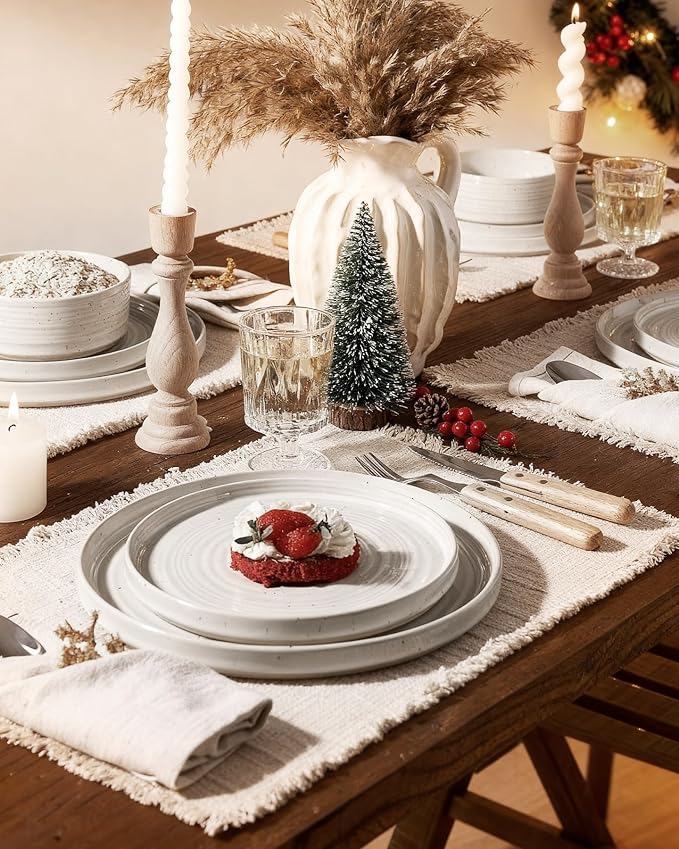 Plates and Bowls Sets for 6, Famiware Premium 18-Piece Stoneware Dinnerware Set, Spiral Dish Set with Straight Rim, Speckles & Reactive Glaze - Microwave & Dishwasher Safe Tableware, White