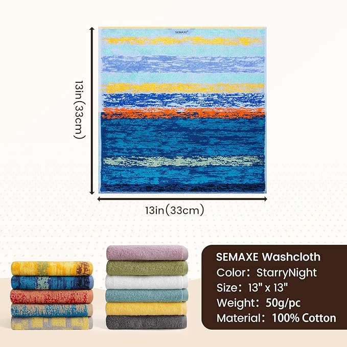 SEMAXE 100% Cotton Washcloths for Bathroom - 24 Pack, Quick-Dry Face Towels with Hanging Loop, Highly Absorbent and Soft, 13x13 Inch, Deep Blue | Light Blue