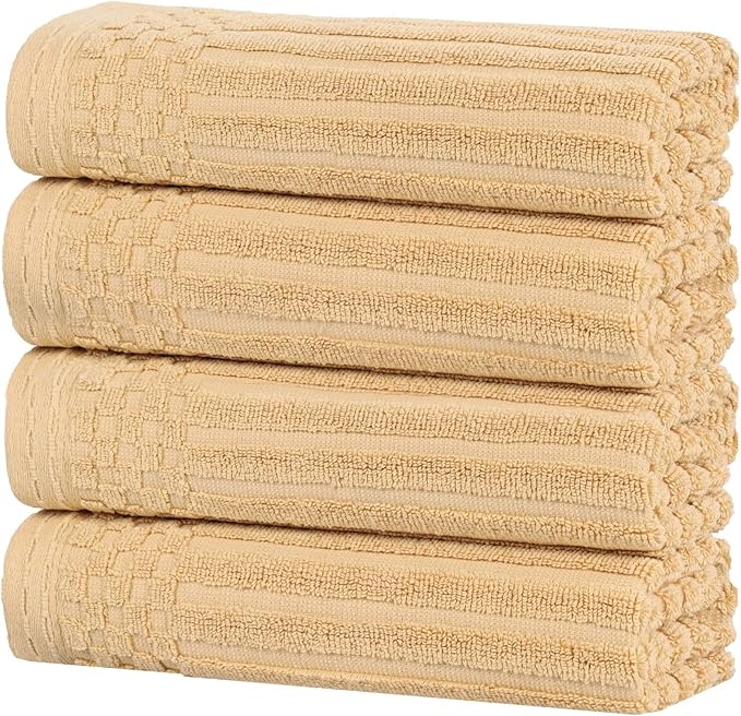Superior Cotton Hand Towel Set of 4, Daily Use for Bathroom, Kitchen, Guest Bath, Quick Dry Small Towels, Face, Hand, Gym, Spa, Hotel, Absorbent, Essentials, Ribbed, Soho Collection, Gold