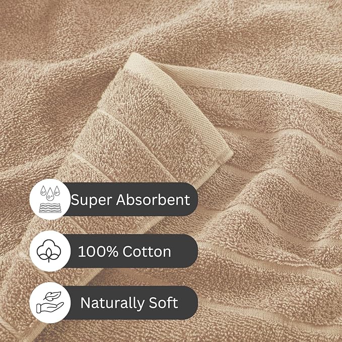 Casa Platino 100% Mercerized Cotton Bathroom Towel Set - 12 Pcs - Ring Spun, Super Soft & Highly Absorbent - 4 Large Bath Towels, 4 Washcloths, 4 Hand Towels - Wide Variety of Colours - Beige