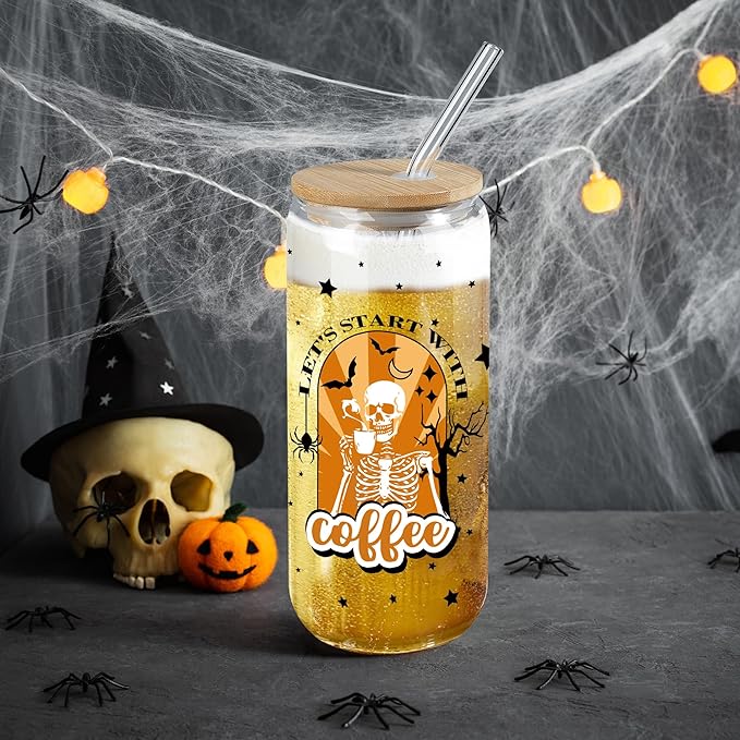 Joeyan Halloween Glass Cups with Lids and Straws,20 oz Iced Coffee Tumbler with Skull and Black Star Patterns,Funny Can Shaped Beer Drinking Glasses,Holiday Gifts for Women Mom Friend Teen