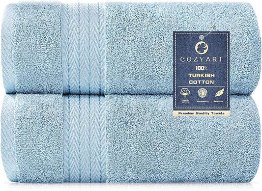COZYART Light Blue Bath Towels for Bathroom 2 Pcs, 27x54 Cotton Bath Towel Set Super Soft Absorbent Durable 650 GSM Shower Towels for Daily Use