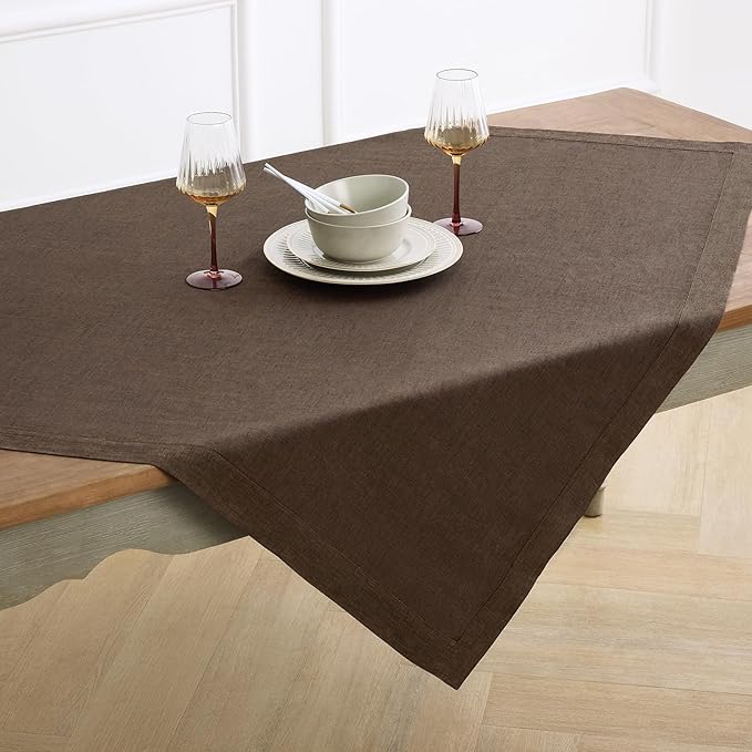 Solino Home Linen Square Tablecloth 52 x 52 Inch - 100% Pure Linen Chambray Brown Table Throw - Athena, Machine Washable Tablecloth