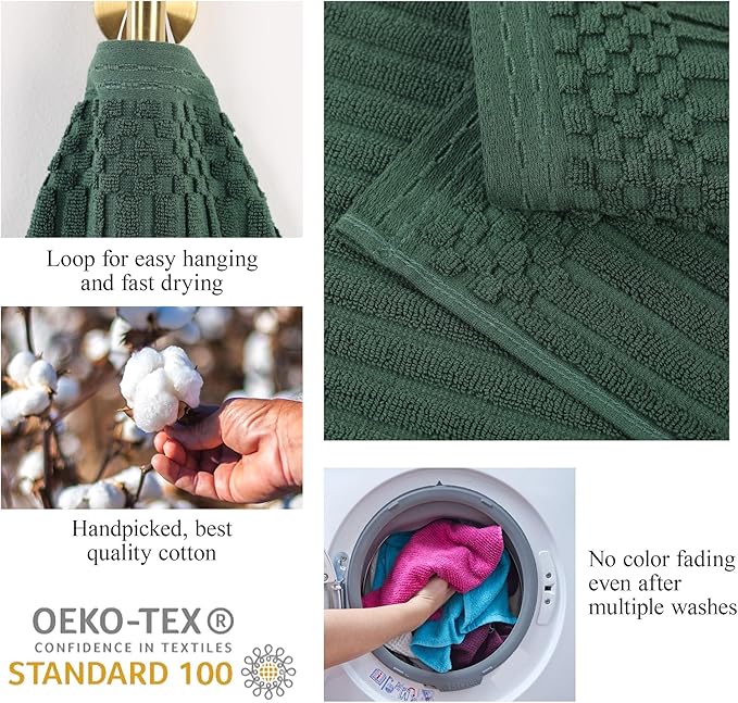 Superior Cotton Bath Towel Set of 4, Daily Use for Bathroom, Guest Bath, Quick Dry, Spa, Resort Towels, Ribbed, Absorbent, Home Essentials, 4-Piece Bath Towels, Soho Collection, Forest Green