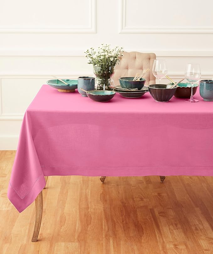 Solino Home Linen Tablecloth for Rectangle Tables 60 x 120 Inch - Classic Hemstitch 100% Pure Linen Flamingo Pink Table Cloth - Machine Washable Cloth Tablecloth for Valentines