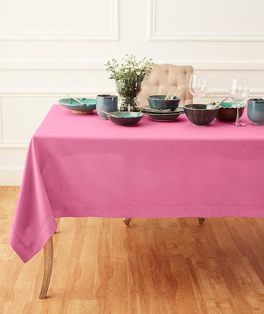 Solino Home Square Linen Tablecloth 52 x 52 Inch - 100% Pure Linen Flamingo Pink Table Throw - Classic Hemstitch, Machine Washable Table Cloth for Valentines