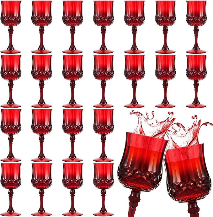 Pinkunn 24 Pcs 7 oz Plastic Vintage Wine Glasses Reusable Colored Goblets Patterned Drinking Water Glasses Cup Dishwasher Safe for Christmas Wedding Reception Party Supplies (Red)